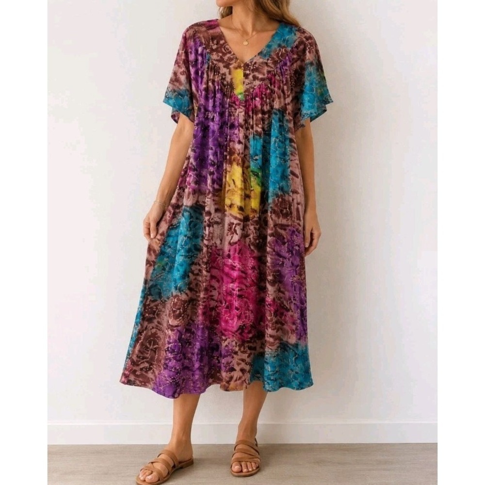 Loungees Womens XL Cotton Dress Tie Dye Boho Short Sleeve Pintuck India